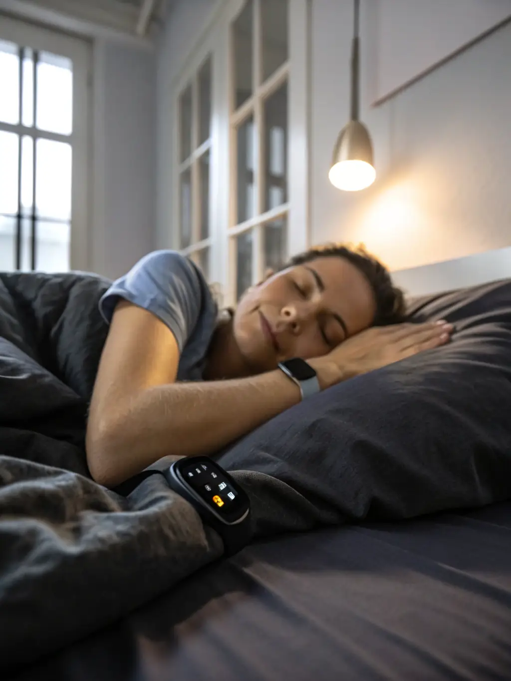 A person using a sleep tracking device while sleeping soundly, emphasizing the importance of quality sleep for longevity.