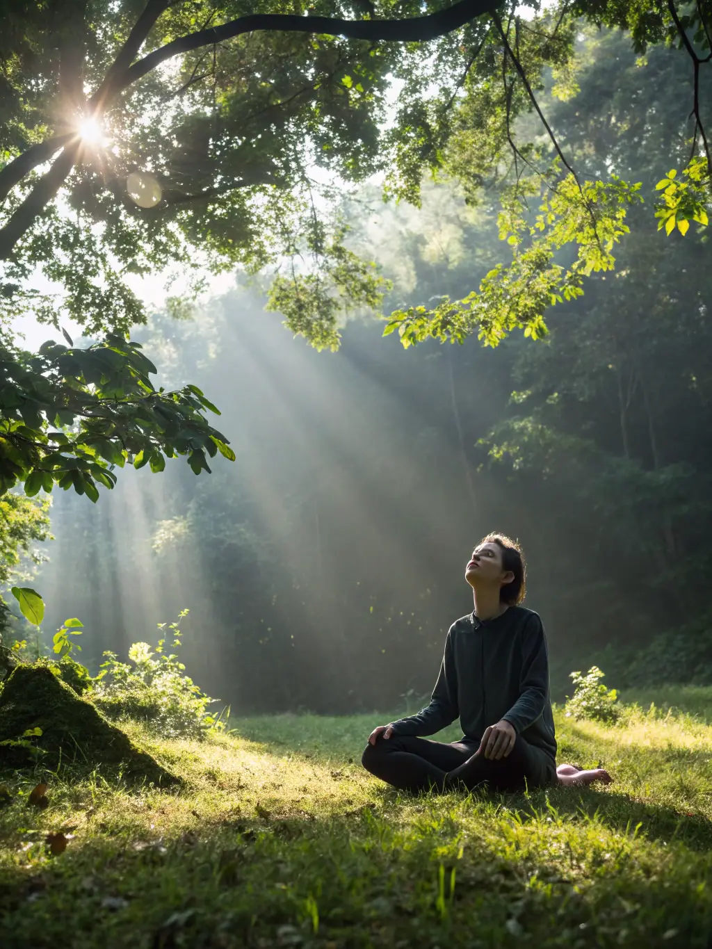 A serene image of a person meditating or practicing mindfulness, highlighting the importance of mental and emotional well-being in extending healthspan.