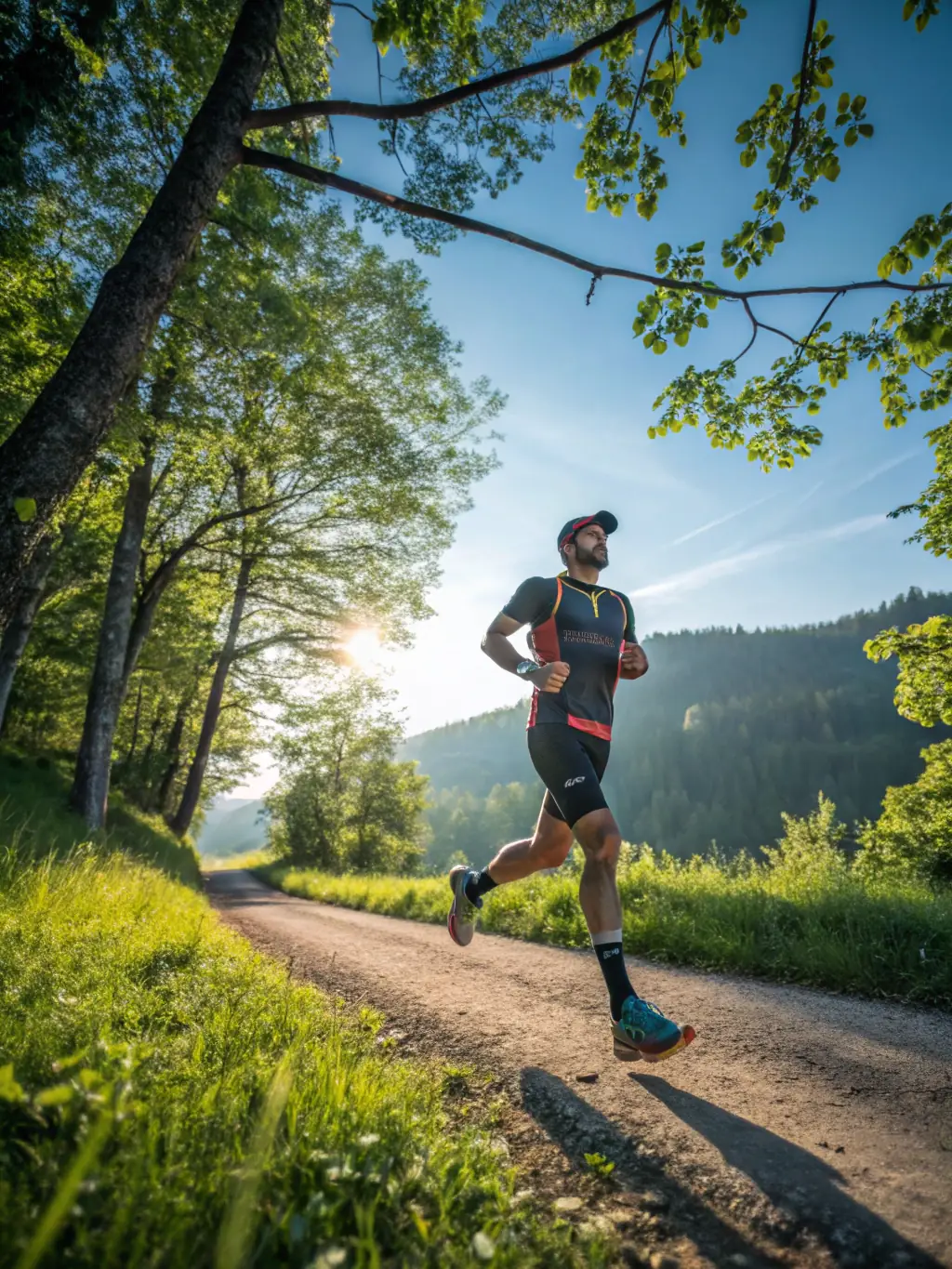 A vibrant image of a person jogging outdoors in a lush, green park, symbolizing physical vitality and an active lifestyle contributing to a longer healthspan.