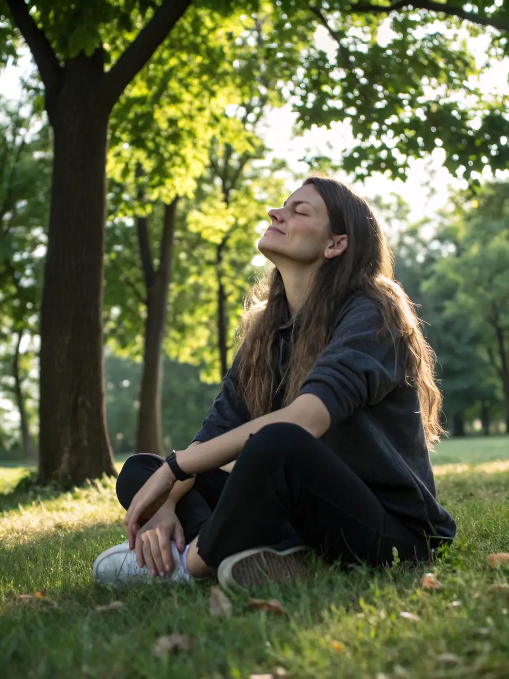 A person meditating outdoors in a peaceful natural setting, symbolizing stress reduction as a longevity strategy.